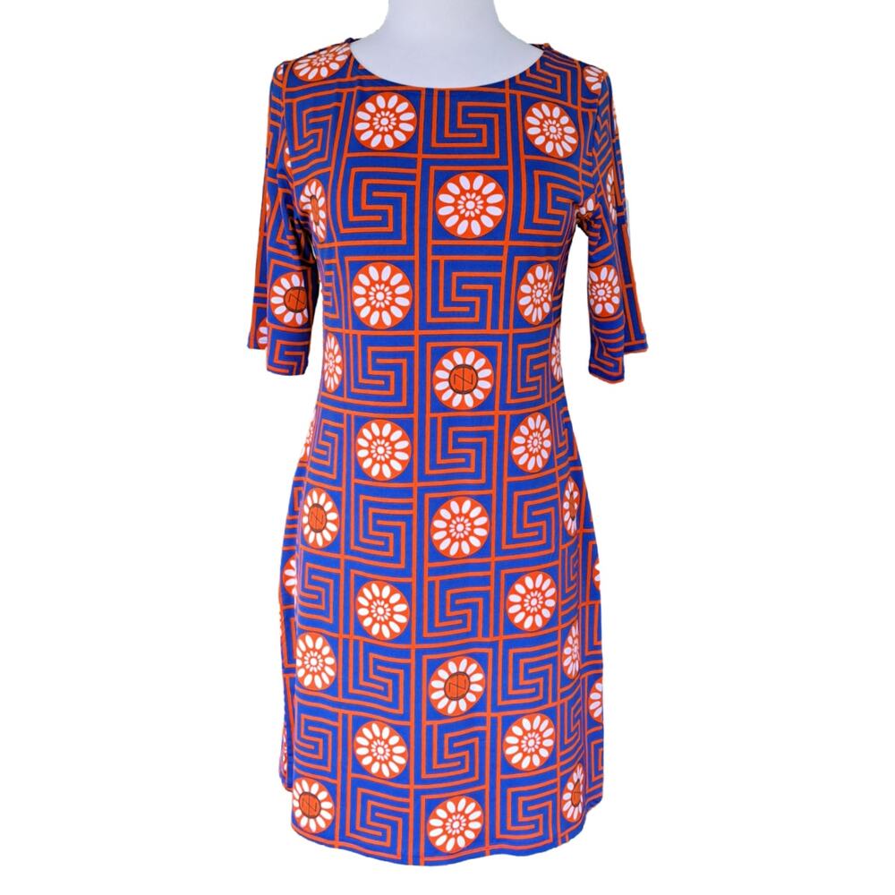 Tracy Negoshain Shift Dress Greek Key Floral Print Sz Medium Orange Blue Gators